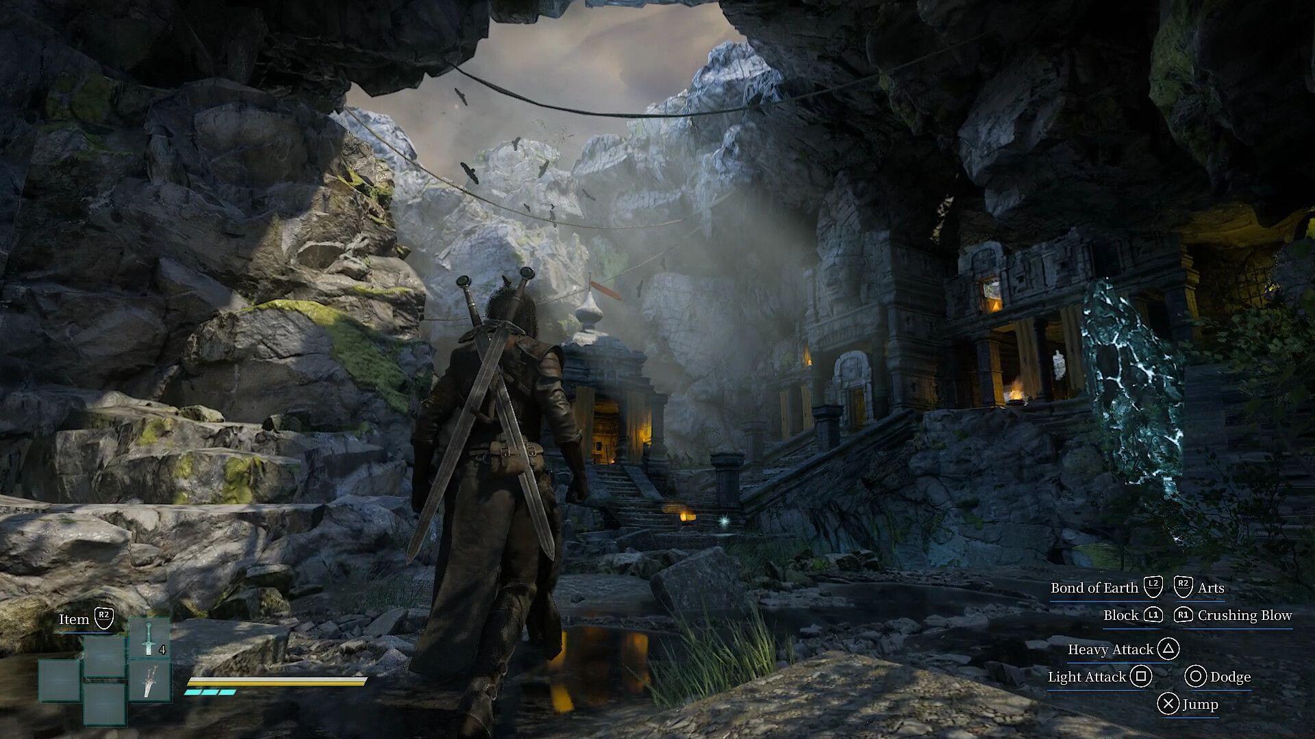 Rise of Rebellion gameplay image showing the player traversing a cave