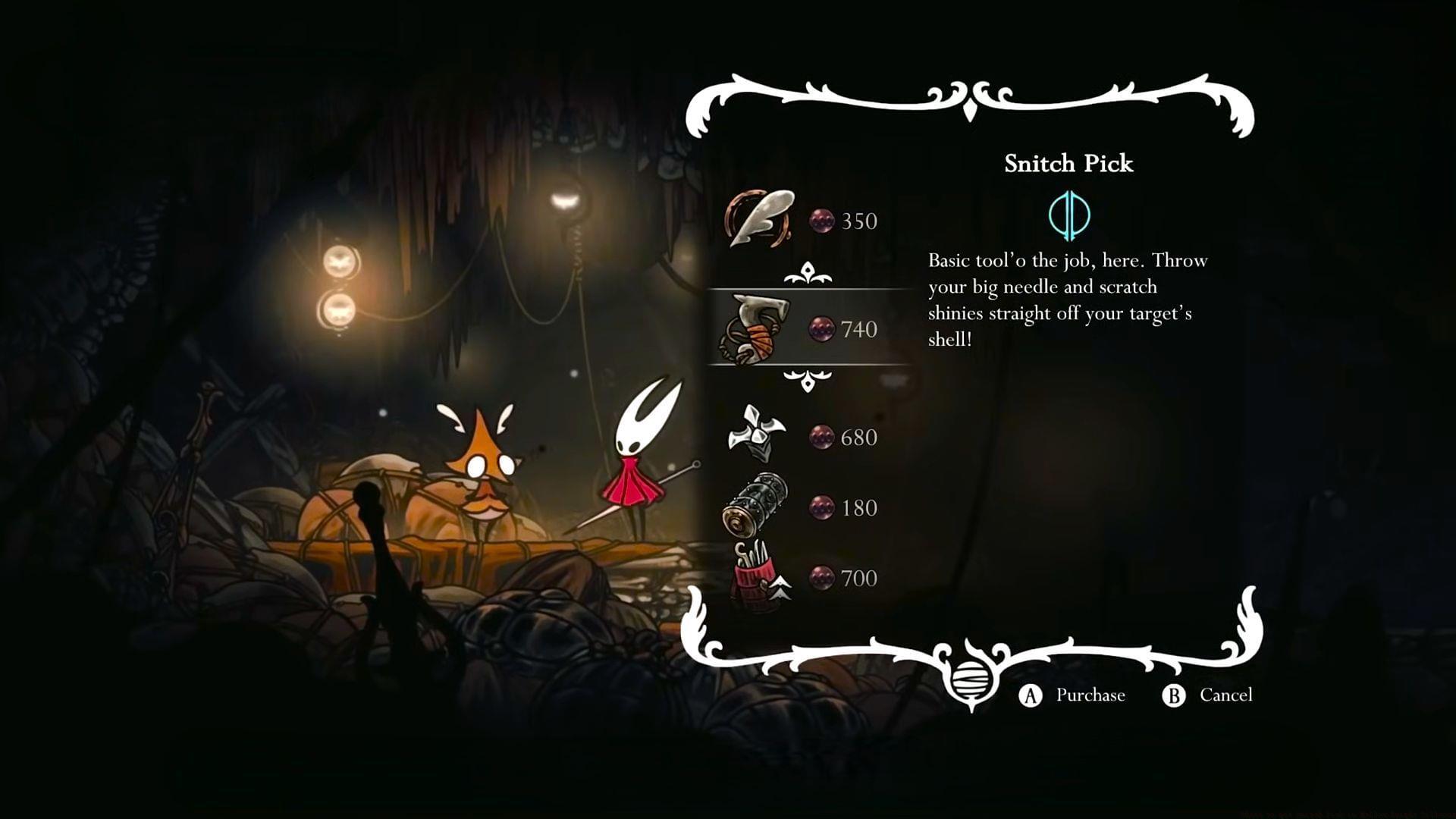 If you&rsquo;re the type to prioritize survival and damage over steady farming, the Snitch Pick turns the Clawline into one of the most useful Tools in your arsenal (Image via Team Cherry)