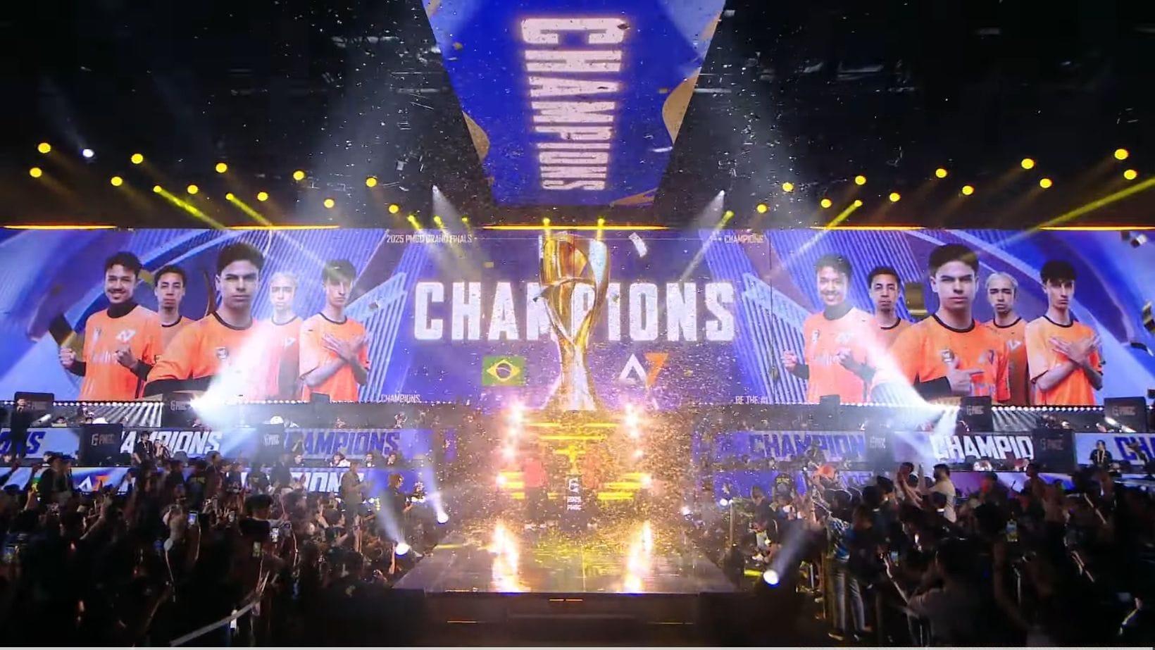 Alpha7 Esports lifted PMGC 2025 trophy (Image via YouTube/PUBG Mobile Esports)