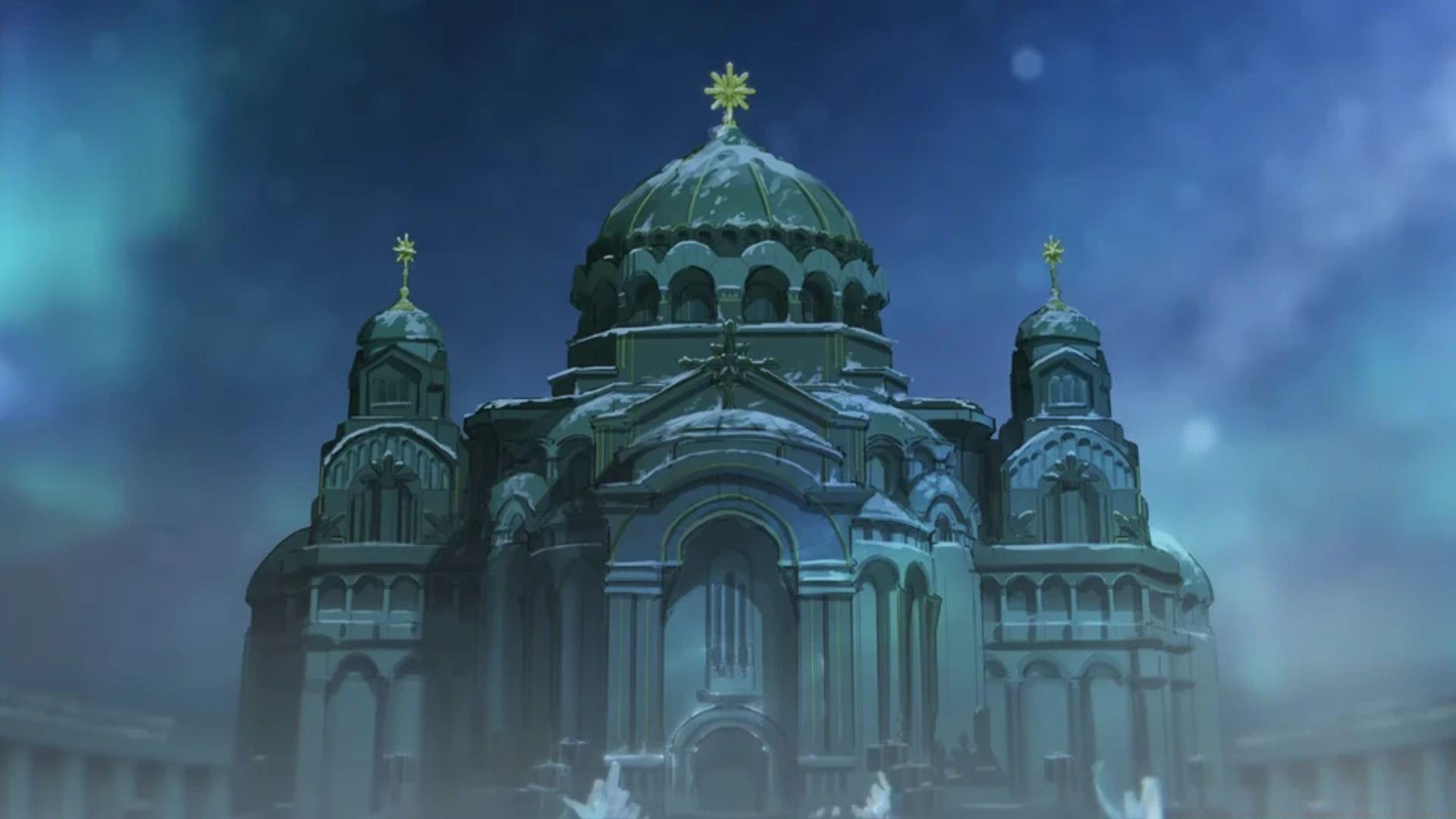 The cathedral in Snezhnaya in Teyvat Chapter Interlude Teaser "A Winter Night