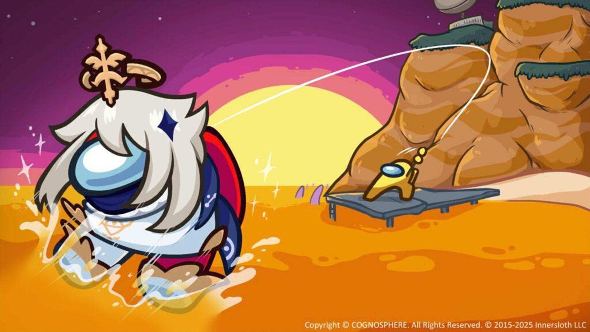 Details on claiming free Paimon-themed cosmetics during the Genshin Impact x Among Us collab (Image via HoYoverse/Innersloth)