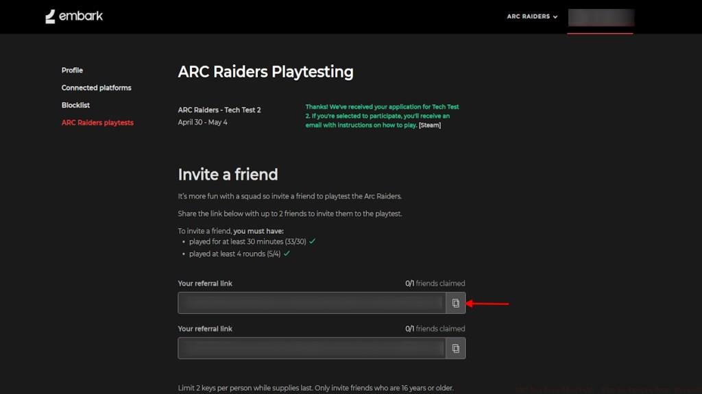 ARC Raiders playtesting invite friends link page