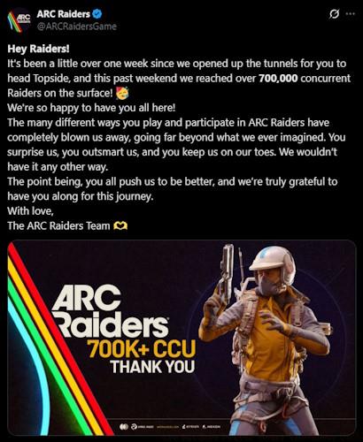 Arc Raiders player count announcement