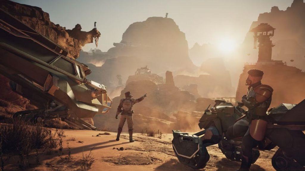 Character pointing at the sun in Dune Awakening