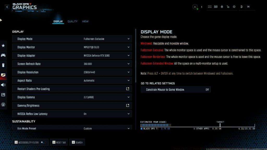 The BO7 Settings Menu