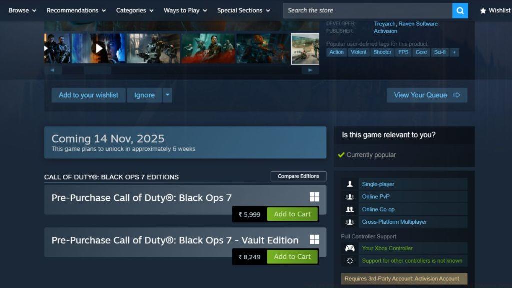 Black Ops 7 Steam Store Page