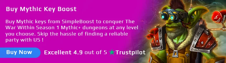 Buy Mythic keys from SimpleBoost to conquer The War Within Season 1 Mythic+ dungeons at any level you choose. Skip the hassle of finding a reliable party and guarantee on-time completion with our professional WoW Key boost service. In The War Within's first season, you can tackle eight Mythic+ keys simultaneously, ranging from +2 to +15 levels.