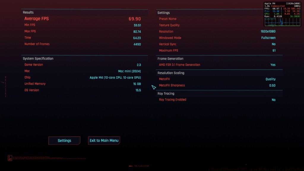 Cyberpunk-2077-on-M4-Mac-MetalFX-Quality-with-frame-generation