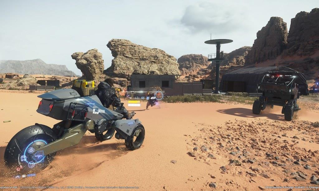 Death Stranding 2 gameplay featuring Sam Bridges riding a motorcycle