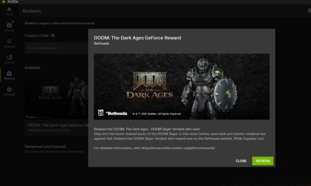 Nvidia app dialog box for Doom The Dark Ages Verdant Slayer skin