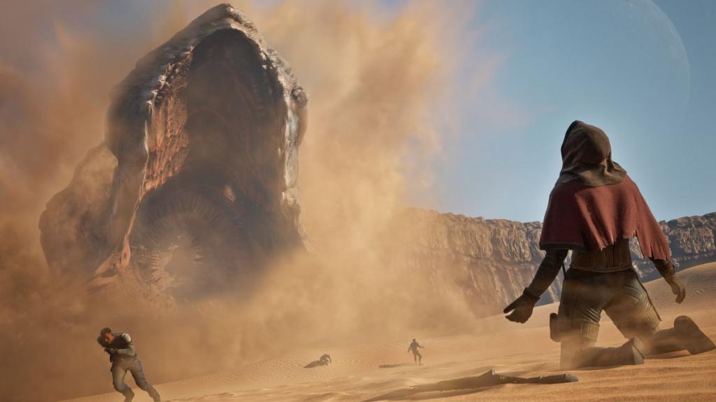 Player kneeling in front of Sandworm in Dune Awakening