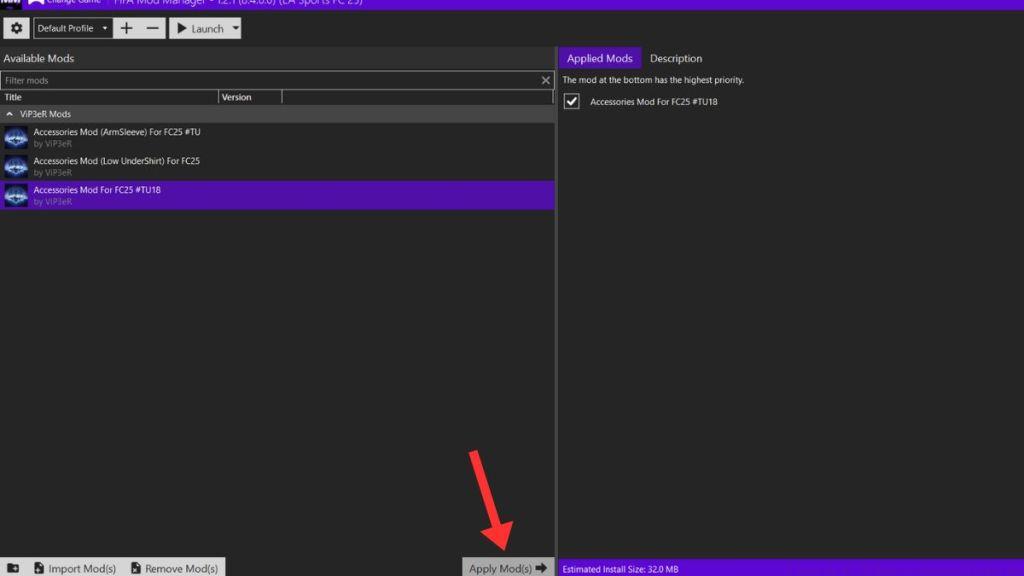 FIFA Mod Manager Apply Mods Option