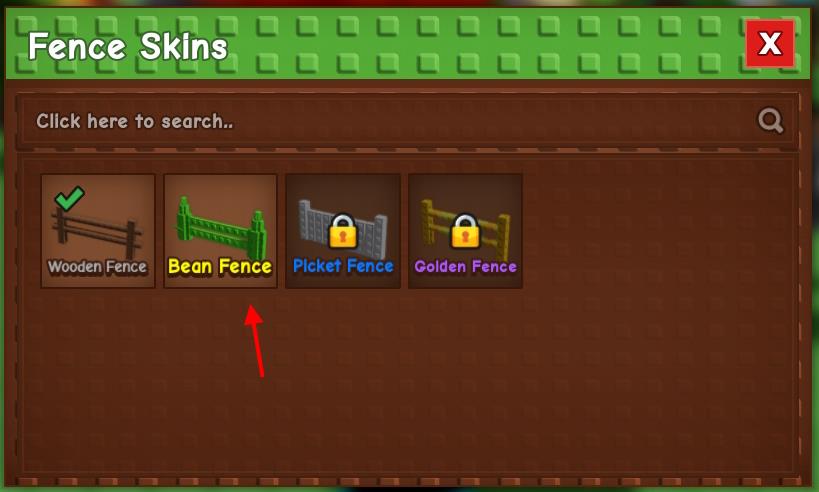 Fence Skins page in Grow a Garden