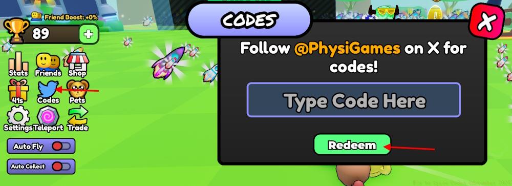 Fly to Space Codes Redeem option