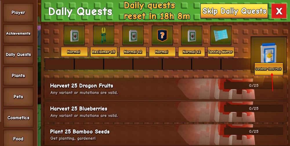 Gardener Seed Pack daily quests Grow a Garden