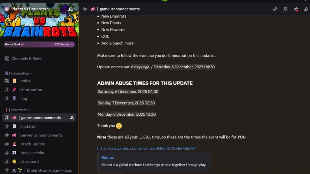 Plants vs Brainrots Discord