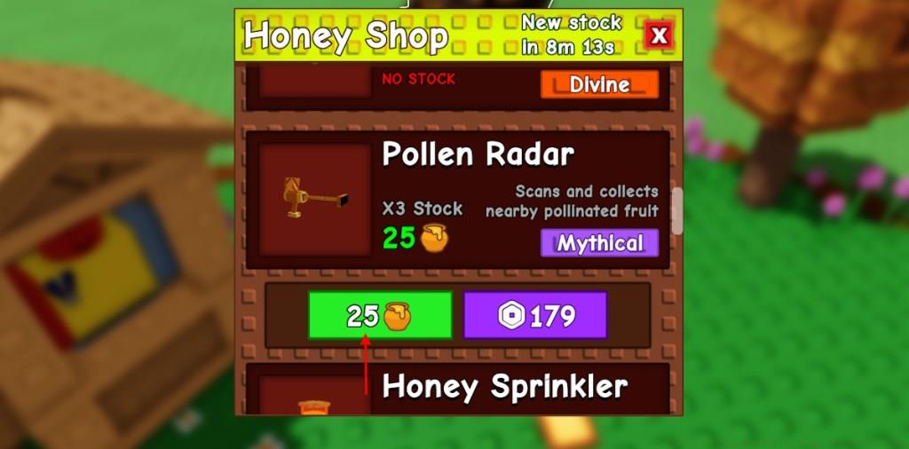 Pollen Radar buy option in Grow a Garden