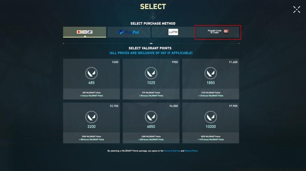 Prepaid Cards & Codes option in Valorant