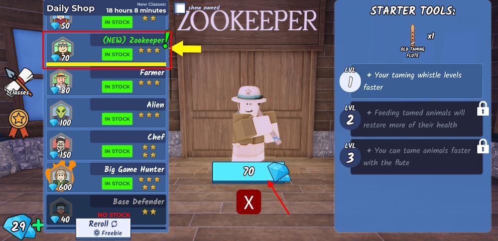 Purchasing Zookeeper class in 99 Nights in the Forest