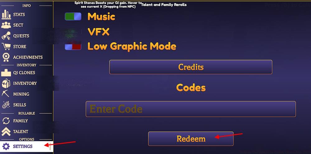 Reborn Cultivation codes Redeem option