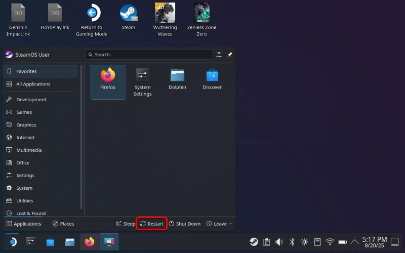 Screenshot of Steam Deck's Desktop with Restart option