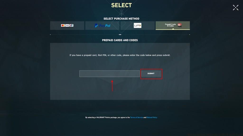 Type and Submit code to redeem VP