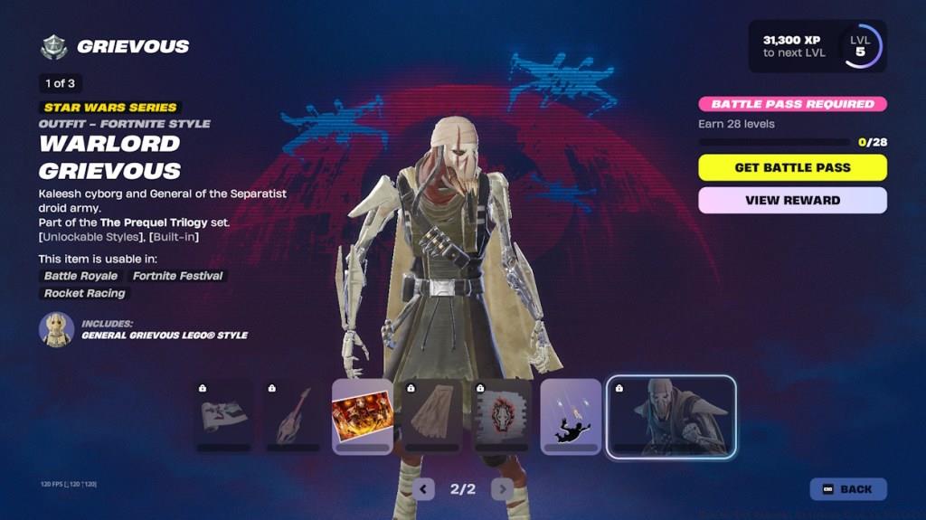 Warlord Grievous Skin page Fortnite