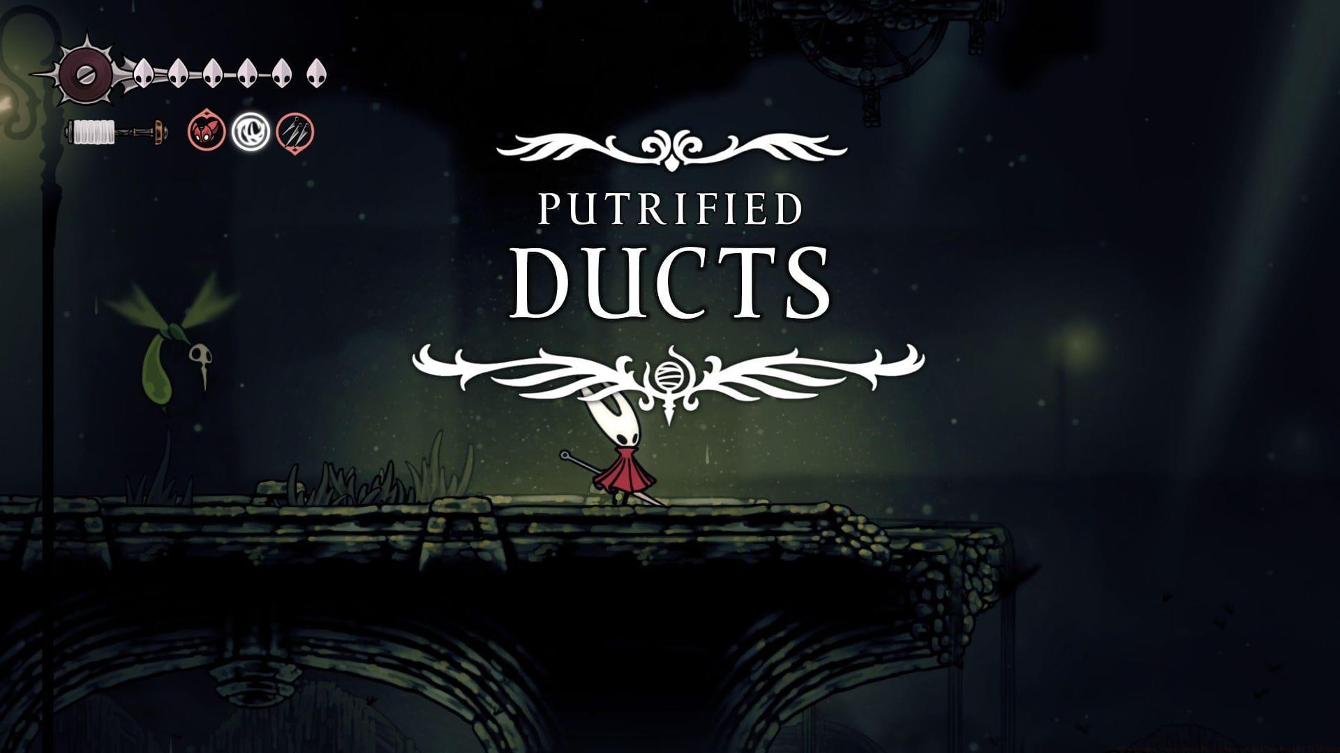 Sprinting towards the Putrified Ducts from Memorium in Silksong.