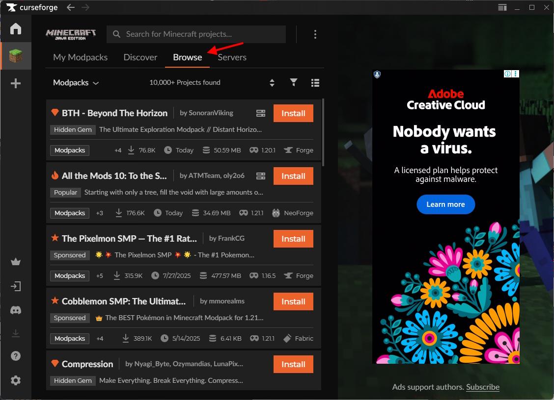 curseforge browse modpacks