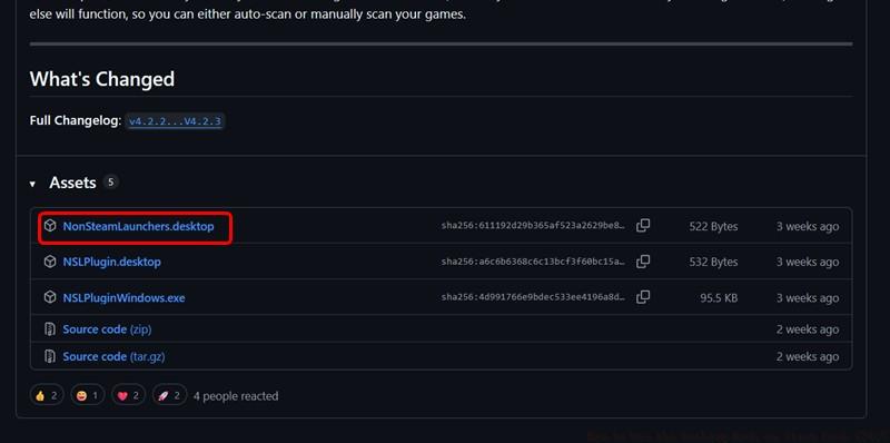nonsteamgamelauncher releases page with desktop version highlighted